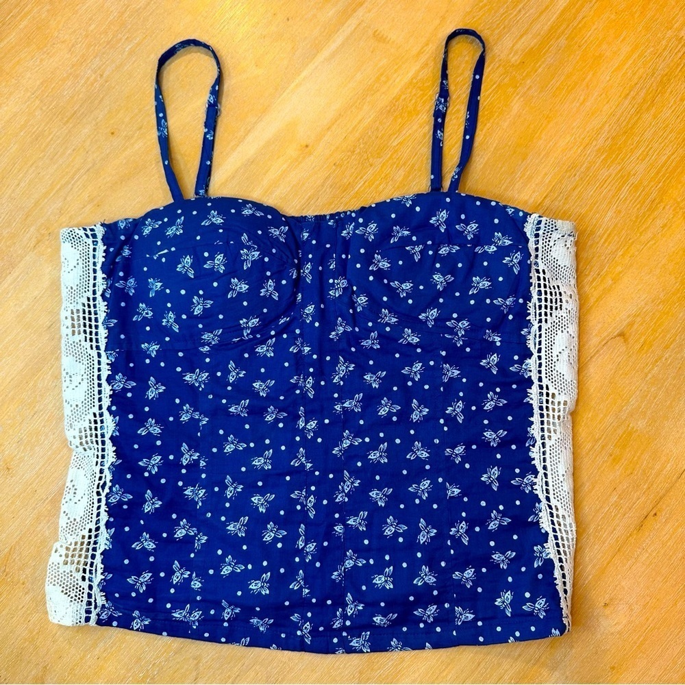 Angie Blue Floral Lace-Trim Tank Top